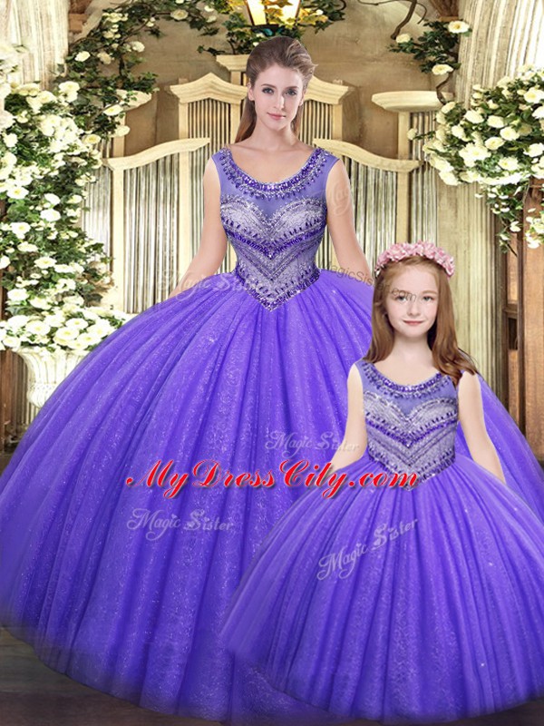 High Quality Eggplant Purple Sleeveless Floor Length Beading Lace Up Quinceanera Gowns