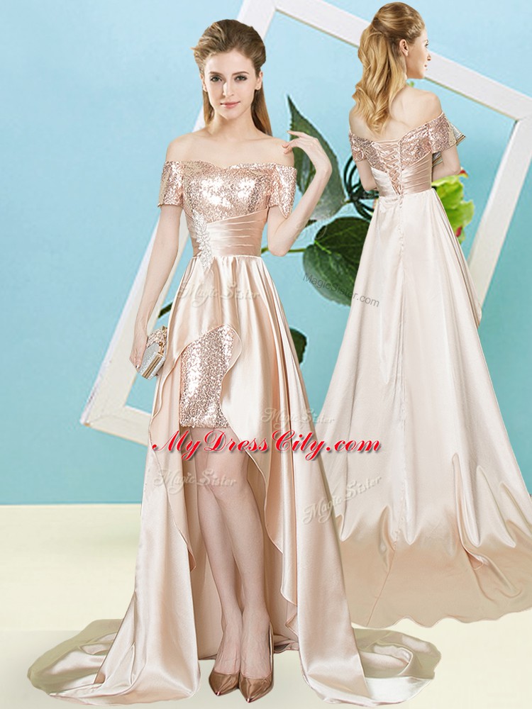 Super High Low Champagne Dress for Prom Elastic Woven Satin and Sequined Short Sleeves Sequins