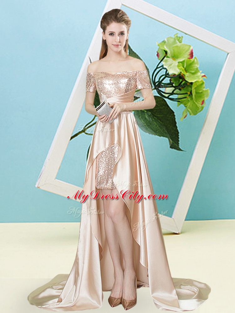 Super High Low Champagne Dress for Prom Elastic Woven Satin and Sequined Short Sleeves Sequins