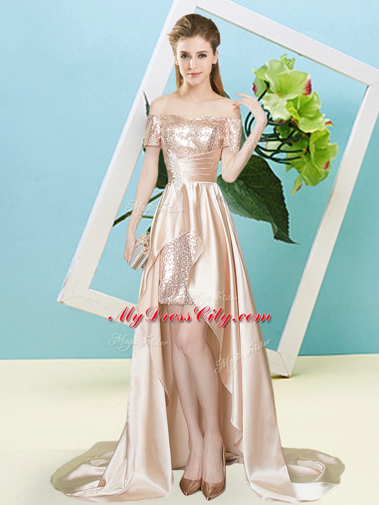 Super High Low Champagne Dress for Prom Elastic Woven Satin and Sequined Short Sleeves Sequins