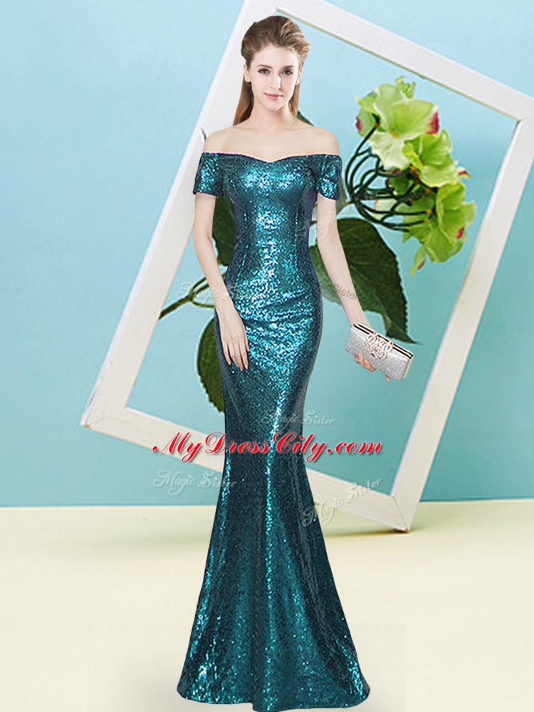 Comfortable Teal Zipper Prom Dress Sequins Short Sleeves Floor Length