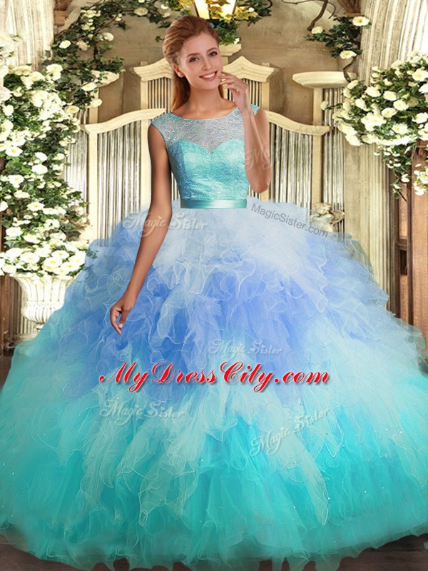 Multi-color Sleeveless Lace and Ruffles Floor Length Quinceanera Gown