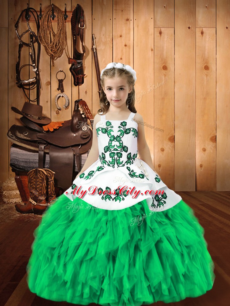 Dramatic Sleeveless Floor Length Embroidery and Ruffles Lace Up Little Girl Pageant Dress with Turquoise