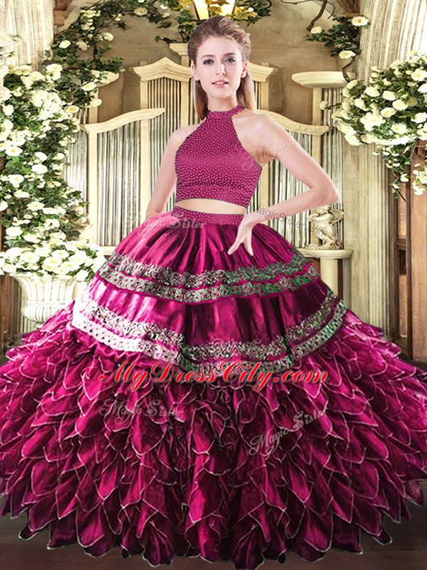 Charming Floor Length Fuchsia Quinceanera Dress Satin and Organza Sleeveless Embroidery and Ruffles