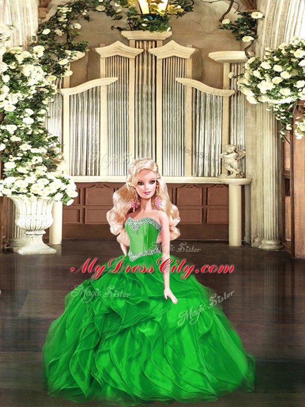 Green Ball Gowns Organza Sweetheart Sleeveless Beading and Ruffles Floor Length Lace Up Quinceanera Dresses