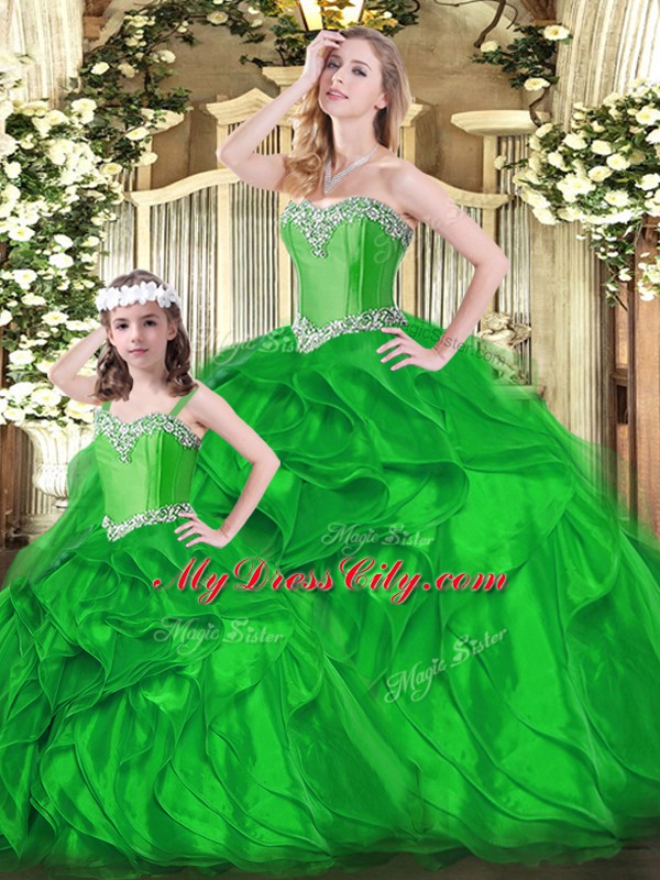 Green Ball Gowns Organza Sweetheart Sleeveless Beading and Ruffles Floor Length Lace Up Quinceanera Dresses