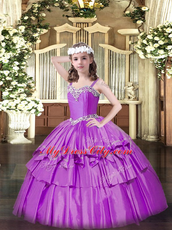 Sleeveless Floor Length Beading and Ruffled Layers Lace Up Pageant Dress for Teens with Lilac