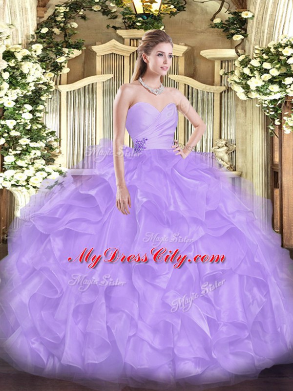 Shining Lavender Sleeveless Floor Length Beading and Ruffles Lace Up Ball Gown Prom Dress