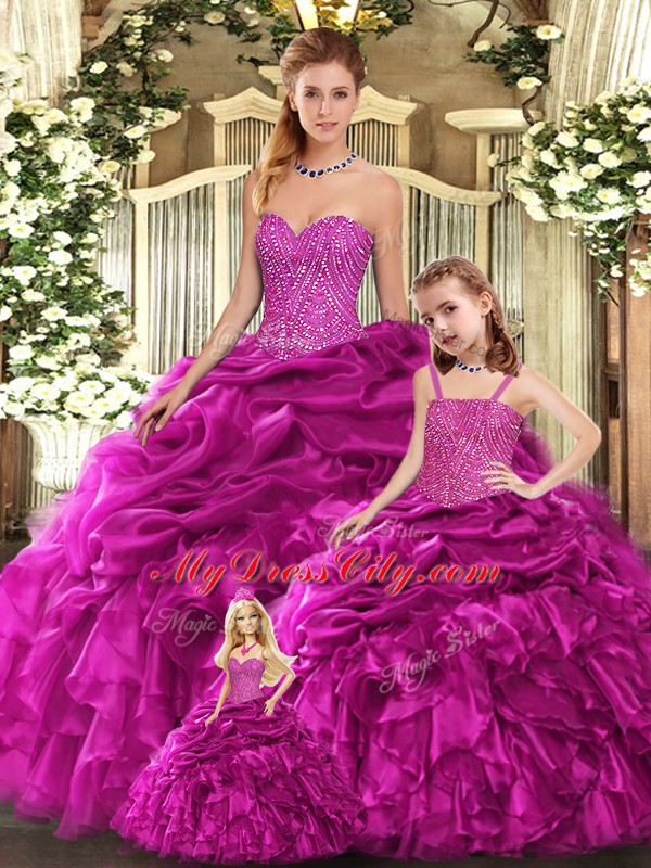 Sweetheart Sleeveless Organza 15 Quinceanera Dress Beading and Ruffles Lace Up