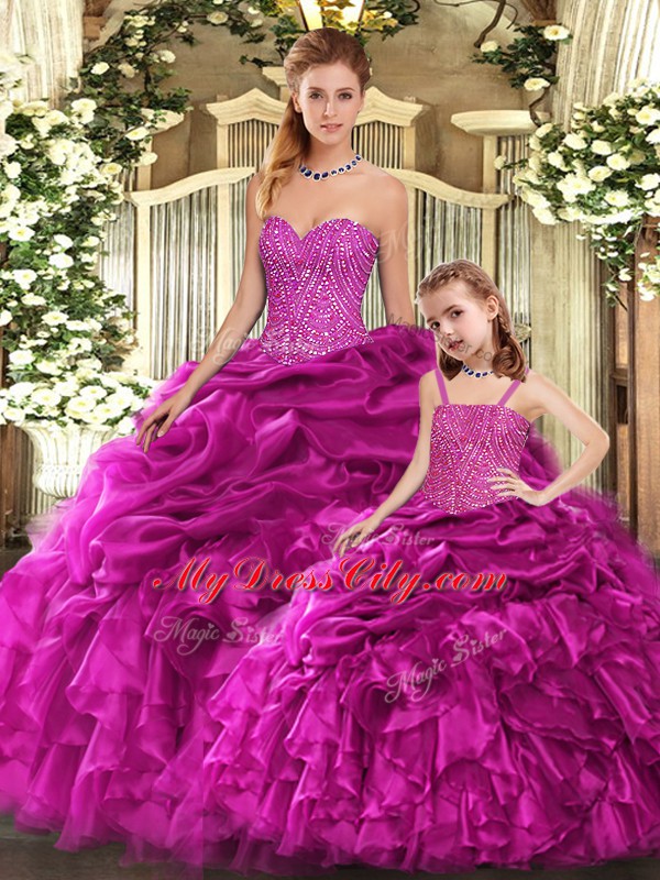 Sweetheart Sleeveless Organza 15 Quinceanera Dress Beading and Ruffles Lace Up