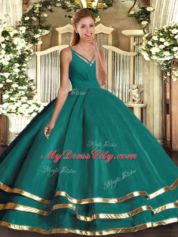 Eye-catching Turquoise Organza Backless Sweet 16 Quinceanera Dress Sleeveless Floor Length Ruffled Layers