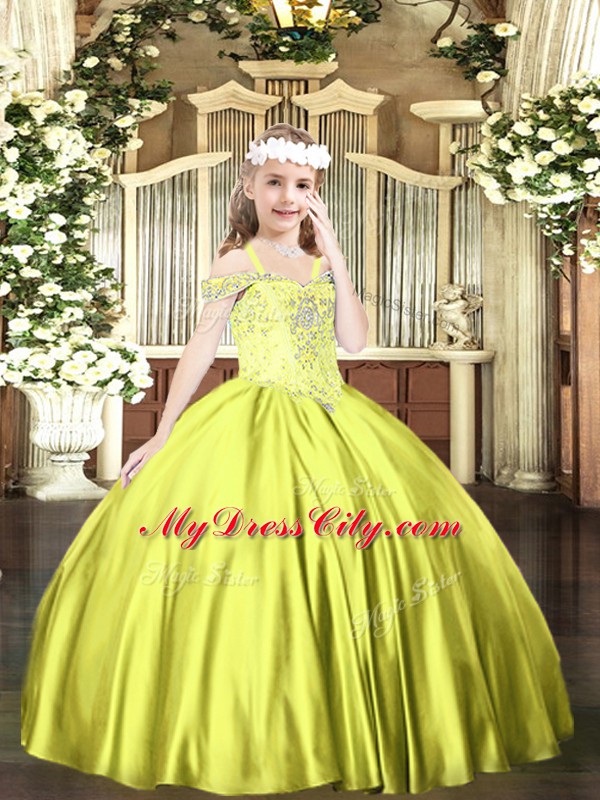 Elegant Off The Shoulder Sleeveless Lace Up High School Pageant Dress Yellow Green Satin