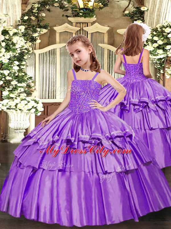 Lavender Straps Lace Up Beading and Ruffled Layers Child Pageant Dress Sleeveless