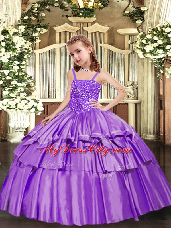 Lavender Straps Lace Up Beading and Ruffled Layers Child Pageant Dress Sleeveless