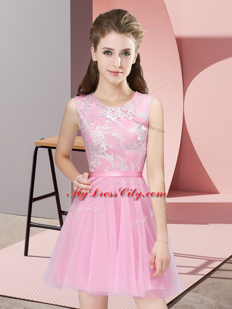 Exquisite Mini Length Side Zipper Bridesmaid Dress Pink for Prom and Party and Wedding Party with Lace