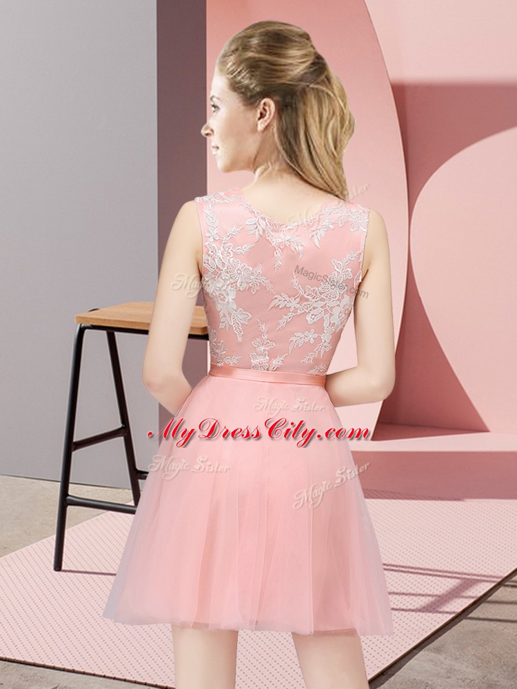 Exquisite Mini Length Side Zipper Bridesmaid Dress Pink for Prom and Party and Wedding Party with Lace