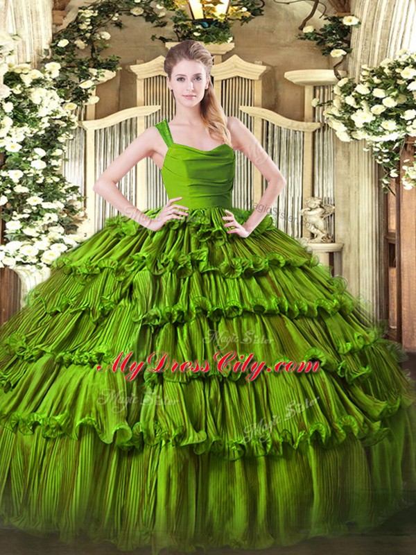 Floor Length Green 15th Birthday Dress Organza Sleeveless Beading and Ruffled Layers