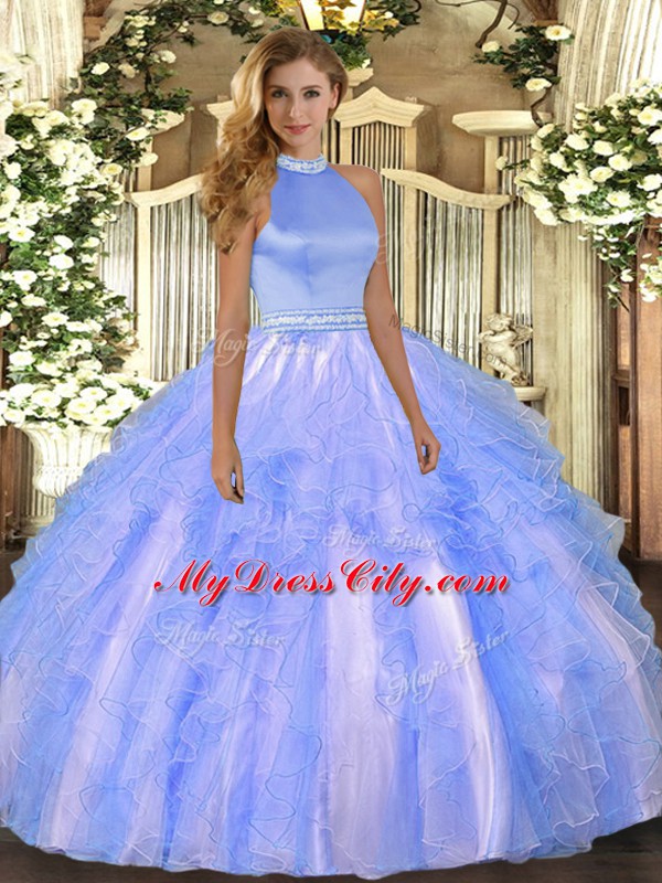 Dazzling Floor Length Baby Blue 15 Quinceanera Dress Organza Sleeveless Beading and Ruffles