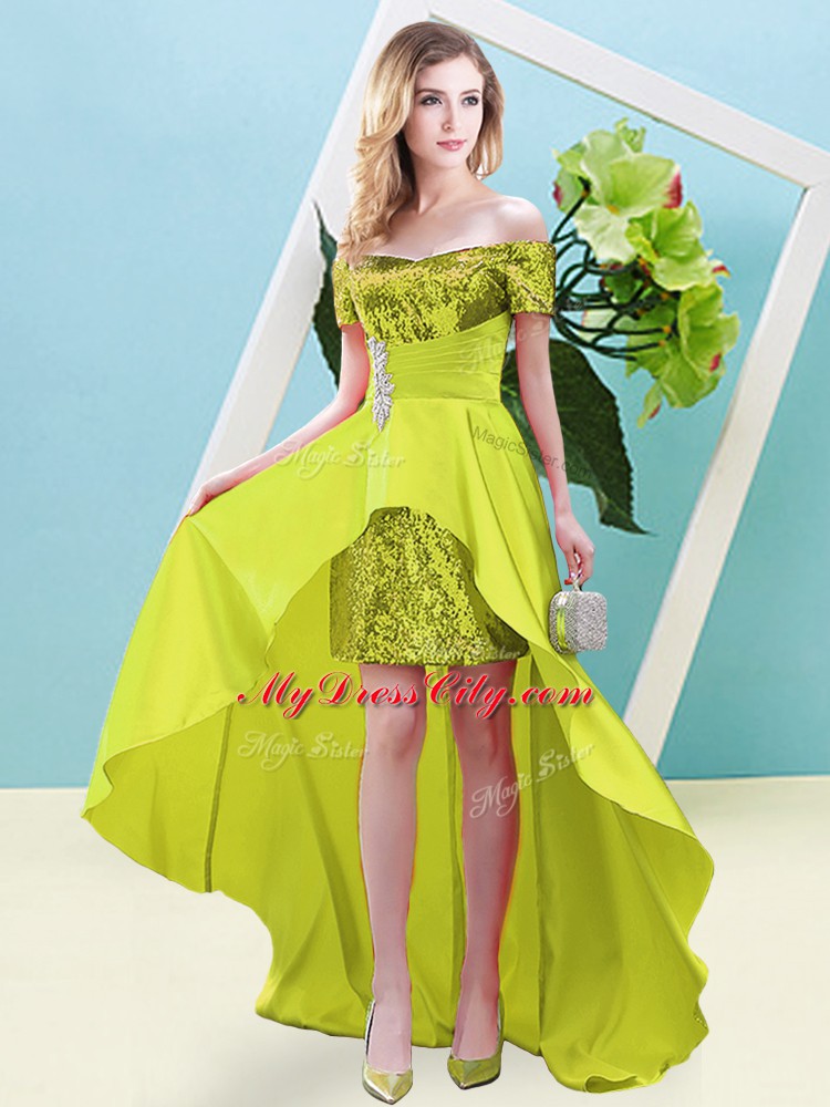 Extravagant Beading Prom Party Dress Yellow Lace Up Short Sleeves High Low