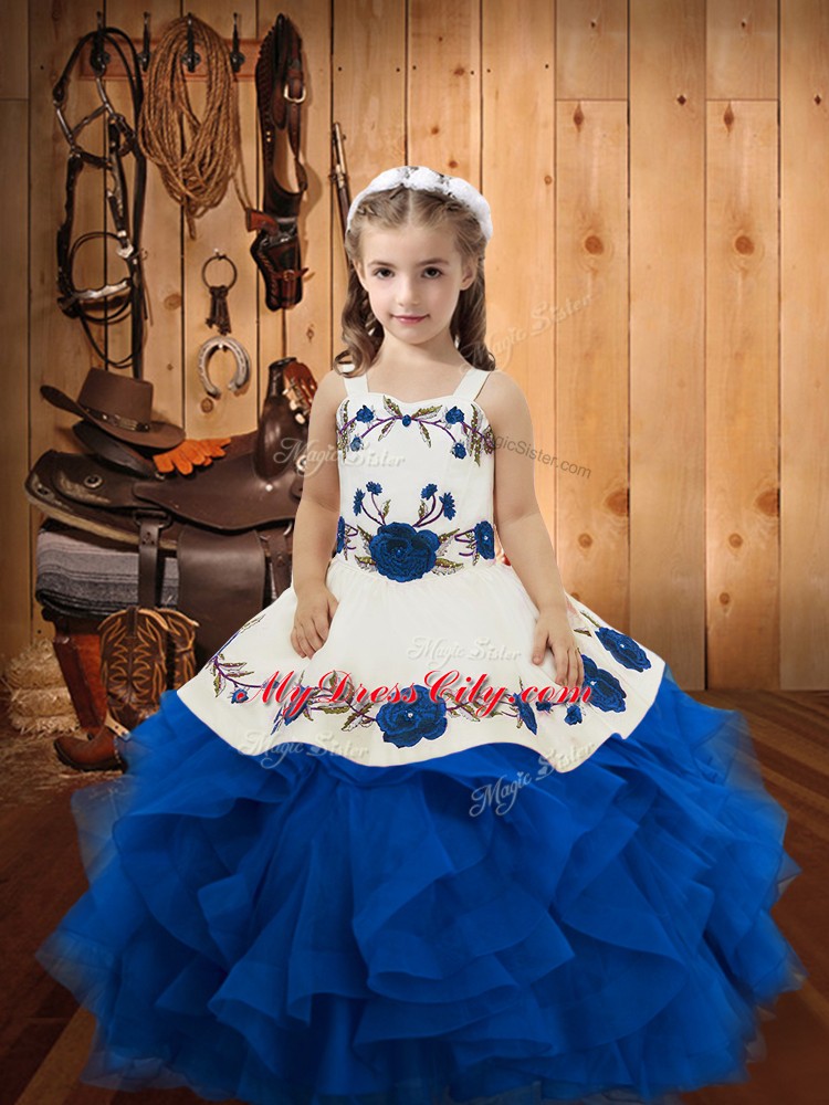 Fancy Blue Ball Gowns Embroidery and Ruffles Kids Formal Wear Lace Up Tulle Sleeveless Floor Length