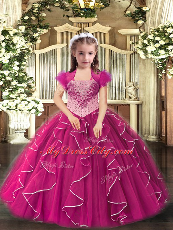 Pretty Floor Length Lace Up Pageant Dress Wholesale Fuchsia for Sweet 16 and Quinceanera with Embroidery and Ruffles