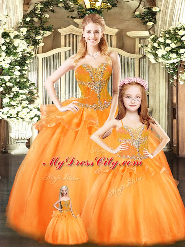 Best Selling Orange Red Tulle Lace Up 15 Quinceanera Dress Sleeveless Floor Length Beading and Ruffles