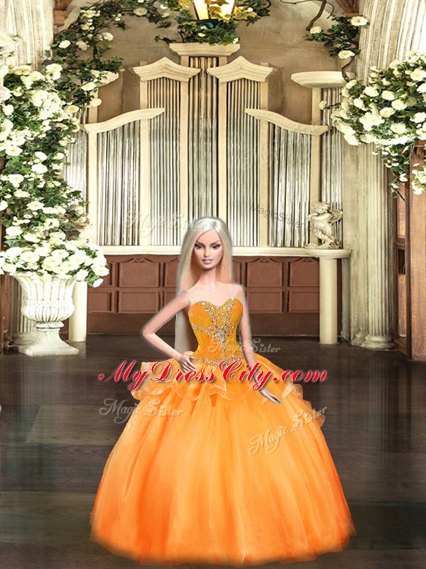 Best Selling Orange Red Tulle Lace Up 15 Quinceanera Dress Sleeveless Floor Length Beading and Ruffles