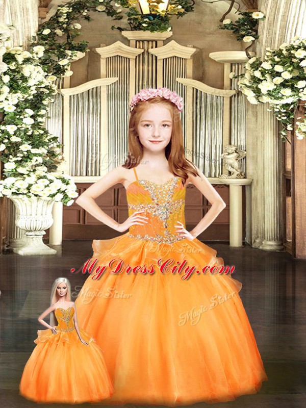 Best Selling Orange Red Tulle Lace Up 15 Quinceanera Dress Sleeveless Floor Length Beading and Ruffles