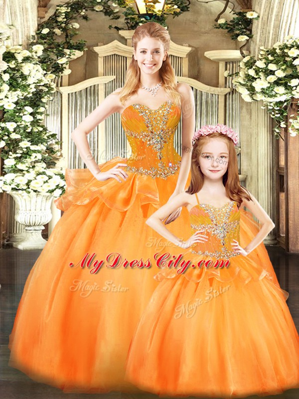 Best Selling Orange Red Tulle Lace Up 15 Quinceanera Dress Sleeveless Floor Length Beading and Ruffles