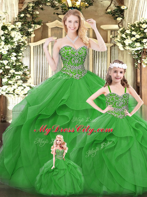 Green Lace Up Quinceanera Dresses Beading and Ruffles Sleeveless Floor Length