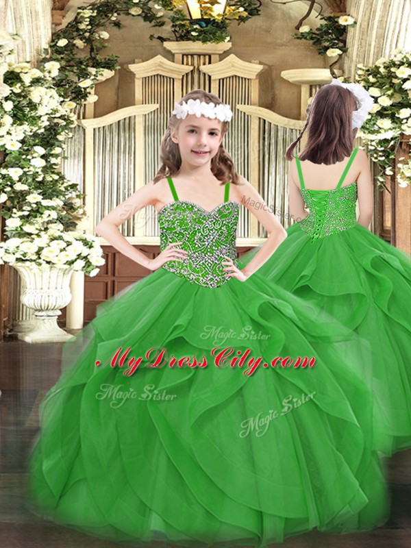 Green Lace Up Quinceanera Dresses Beading and Ruffles Sleeveless Floor Length