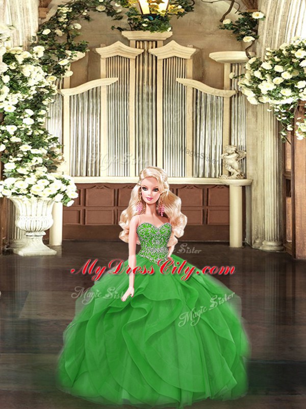 Green Lace Up Quinceanera Dresses Beading and Ruffles Sleeveless Floor Length