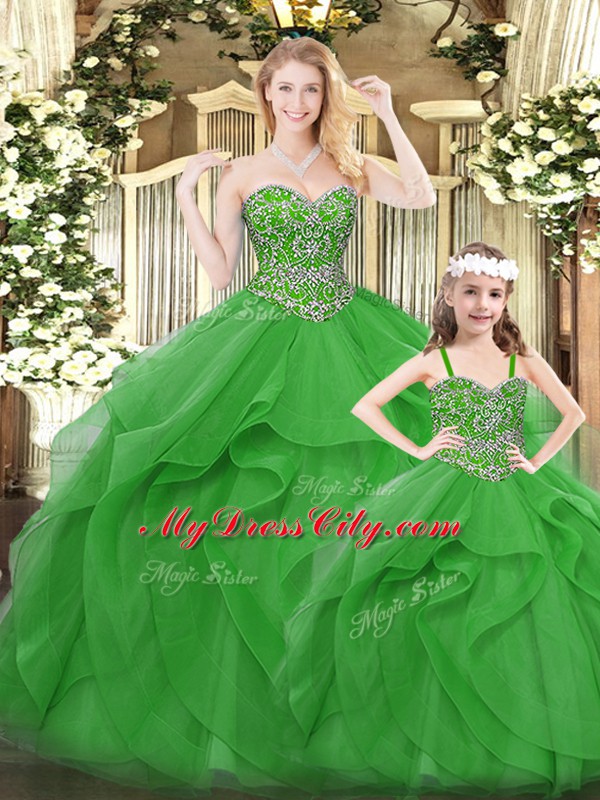 Green Lace Up Quinceanera Dresses Beading and Ruffles Sleeveless Floor Length