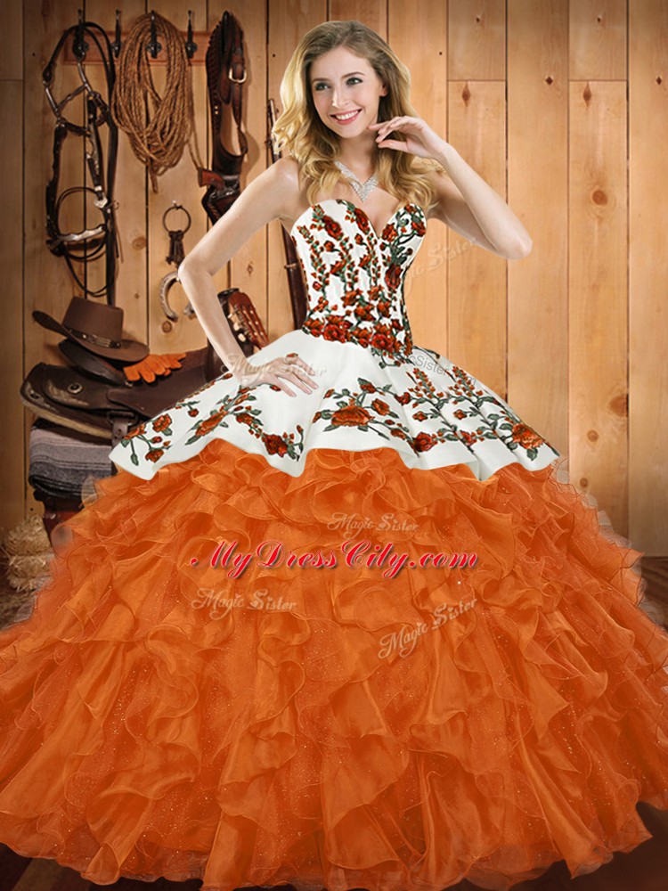 Cheap Orange Red Ball Gowns Sweetheart Sleeveless Organza Asymmetrical Lace Up Embroidery and Ruffles Quinceanera Gowns