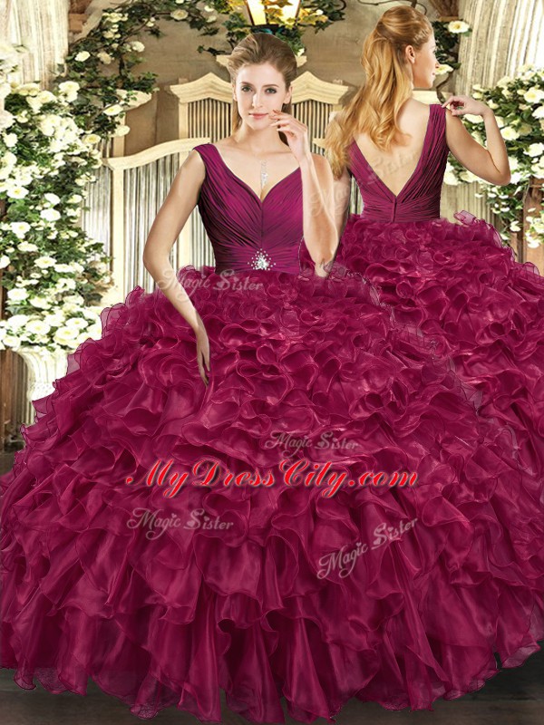 Floor Length Backless Quinceanera Gown Burgundy for Sweet 16 and Quinceanera with Beading and Ruffles