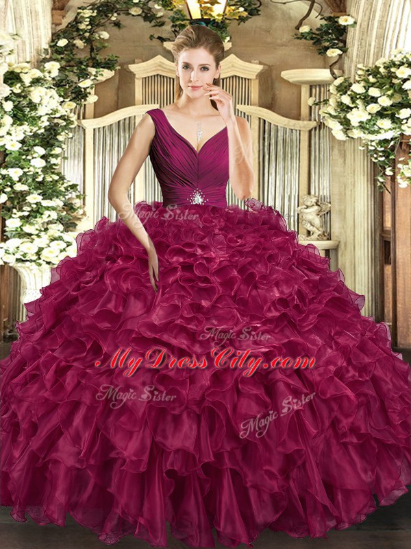 Floor Length Backless Quinceanera Gown Burgundy for Sweet 16 and Quinceanera with Beading and Ruffles