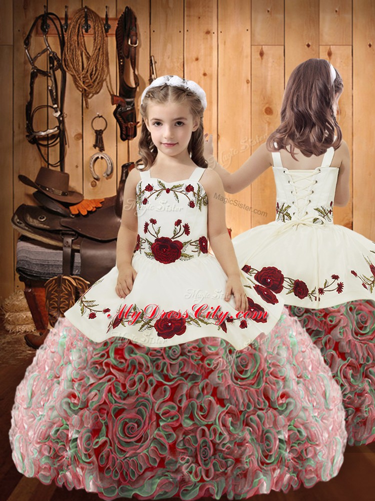 Trendy Fabric With Rolling Flowers Straps Sleeveless Lace Up Embroidery and Ruffles Little Girls Pageant Dress in Multi-color