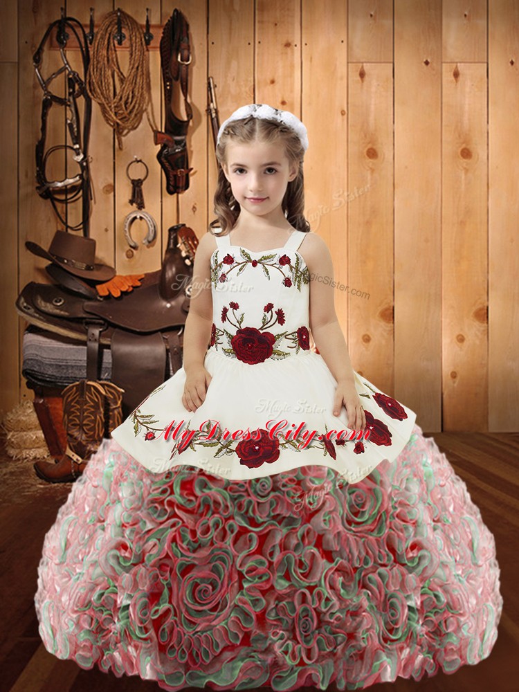 Trendy Fabric With Rolling Flowers Straps Sleeveless Lace Up Embroidery and Ruffles Little Girls Pageant Dress in Multi-color