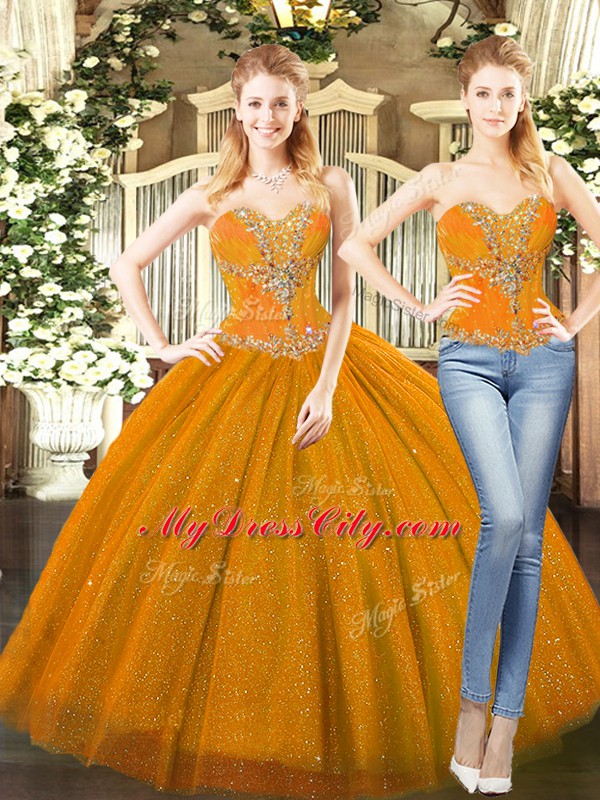 Fantastic Orange Red Tulle Lace Up Sweetheart Sleeveless Floor Length Quince Ball Gowns Beading