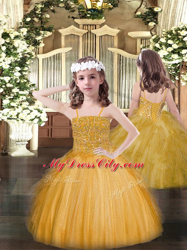 Hot Selling Gold Sleeveless Beading and Ruffles Floor Length Little Girls Pageant Dress