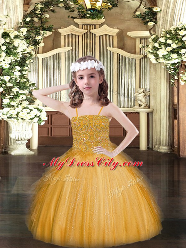 Hot Selling Gold Sleeveless Beading and Ruffles Floor Length Little Girls Pageant Dress