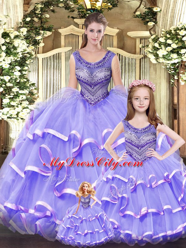 Lilac Ball Gowns Tulle Scoop Sleeveless Beading and Ruffled Layers Floor Length Lace Up 15th Birthday Dress