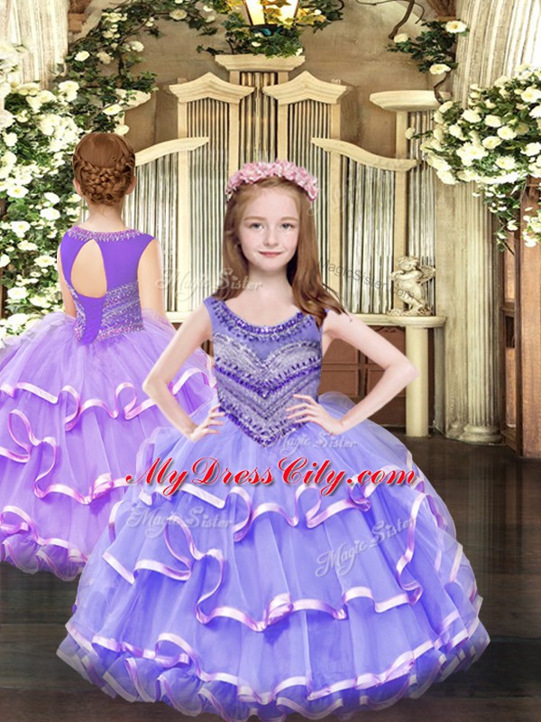 Lilac Ball Gowns Tulle Scoop Sleeveless Beading and Ruffled Layers Floor Length Lace Up 15th Birthday Dress