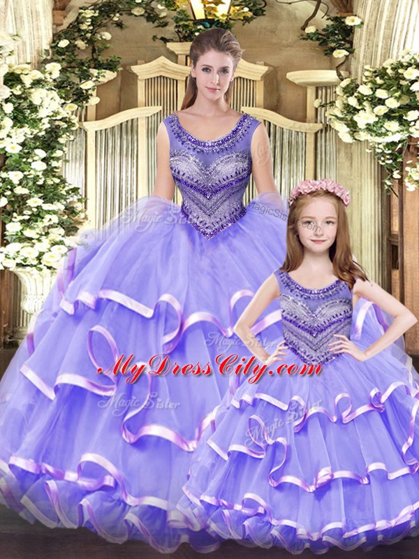 Lilac Ball Gowns Tulle Scoop Sleeveless Beading and Ruffled Layers Floor Length Lace Up 15th Birthday Dress