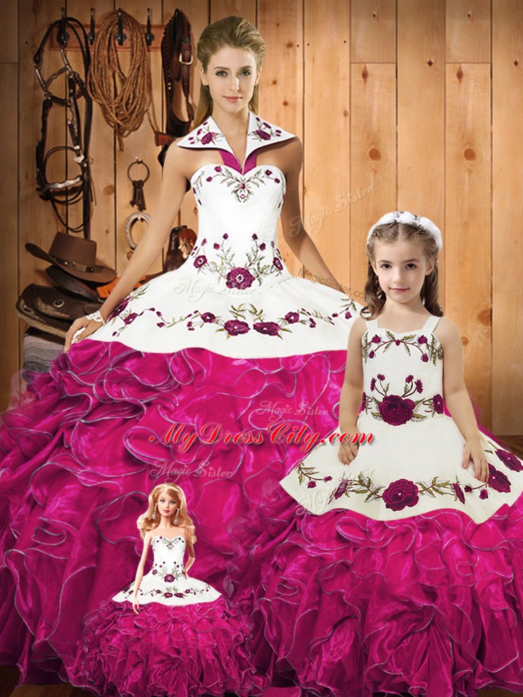 Sophisticated Ball Gowns 15 Quinceanera Dress Fuchsia Halter Top Tulle Sleeveless Floor Length Lace Up