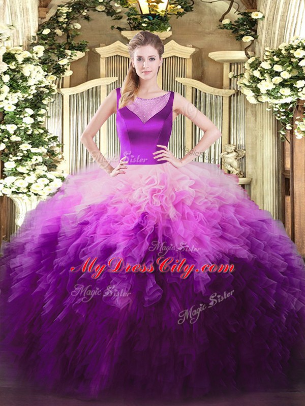 Multi-color Zipper 15 Quinceanera Dress Beading and Ruffles Sleeveless Floor Length