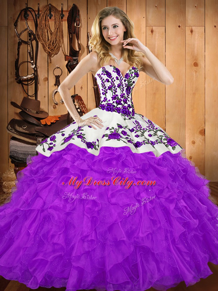 Flare Purple Sweetheart Neckline Embroidery and Ruffles Quinceanera Dress Sleeveless Lace Up