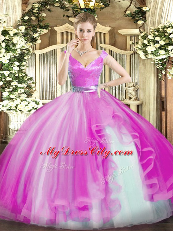 Floor Length Fuchsia Sweet 16 Dress Tulle Sleeveless Beading and Ruffles