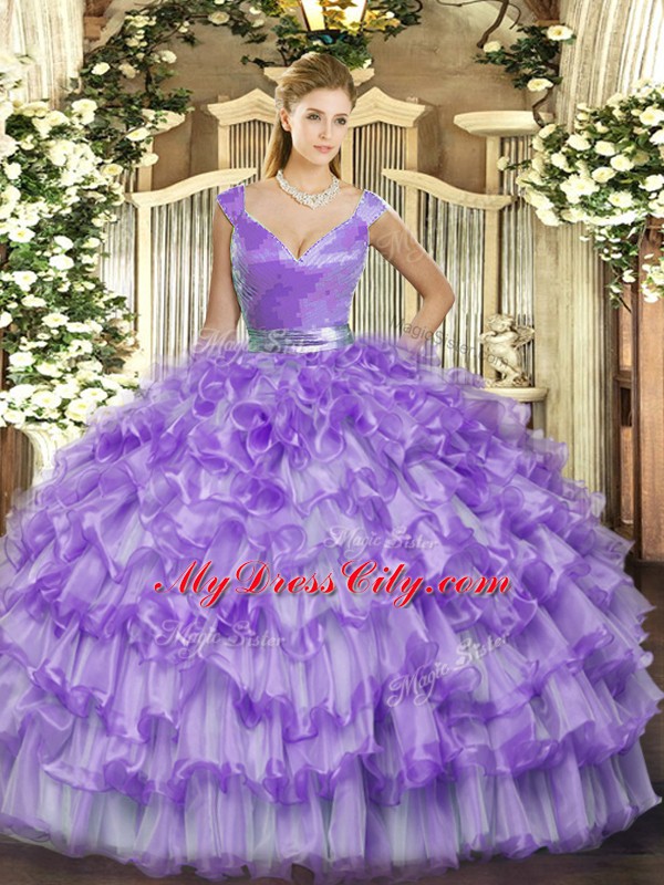 Attractive Lavender Ball Gowns Organza V-neck Sleeveless Ruffled Layers Floor Length Zipper 15th Birthday Dress