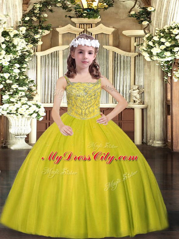 Yellow Green Lace Up Little Girl Pageant Gowns Beading Sleeveless Floor Length